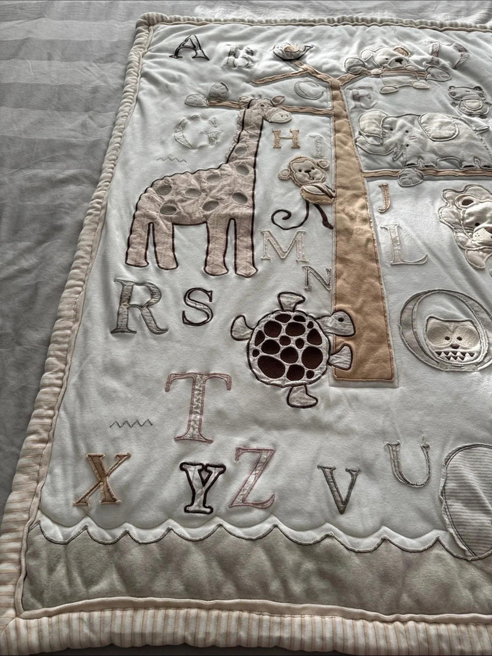 Embroidered Animal Alphabet Baby Blanket - Cream & Tan